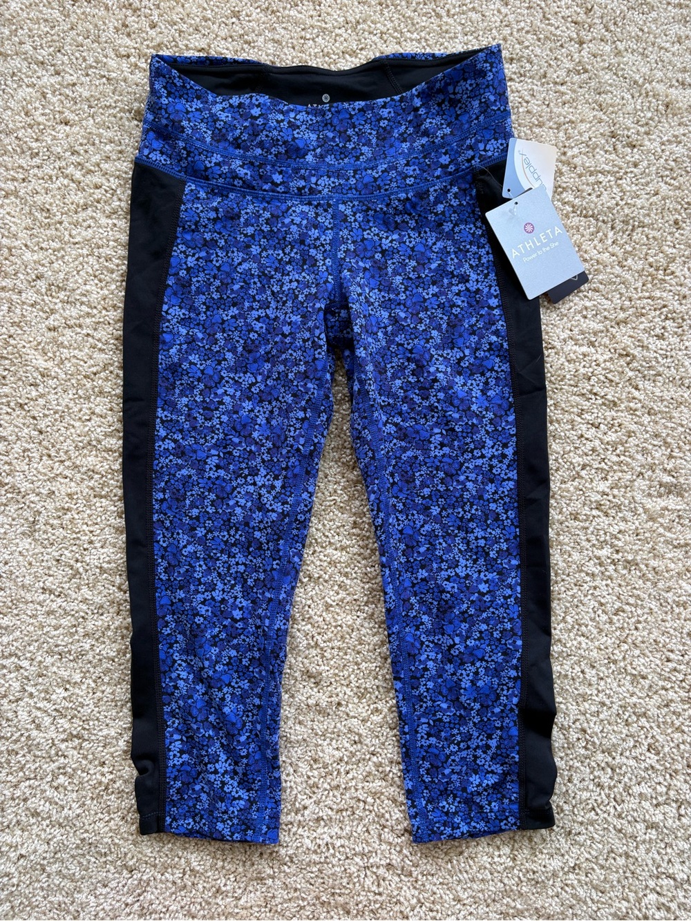 Athleta Ditsy Stripe Balance Capri Leggings Blue Floral Black Panels Small